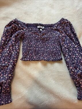 KatieJ NYC Navy Floral Smocked Off-Shoulder Crop Top Large Size